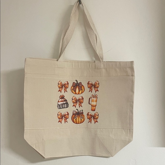 Handbags - Canvas Tote Bag with Pumpkin and Bow Design